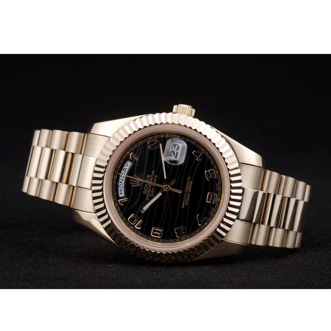 Best AAA Replica Sites DayDate Gold Swiss Bezel 41998 Rolex Steel Black Ribbed Dial Stainless 0717